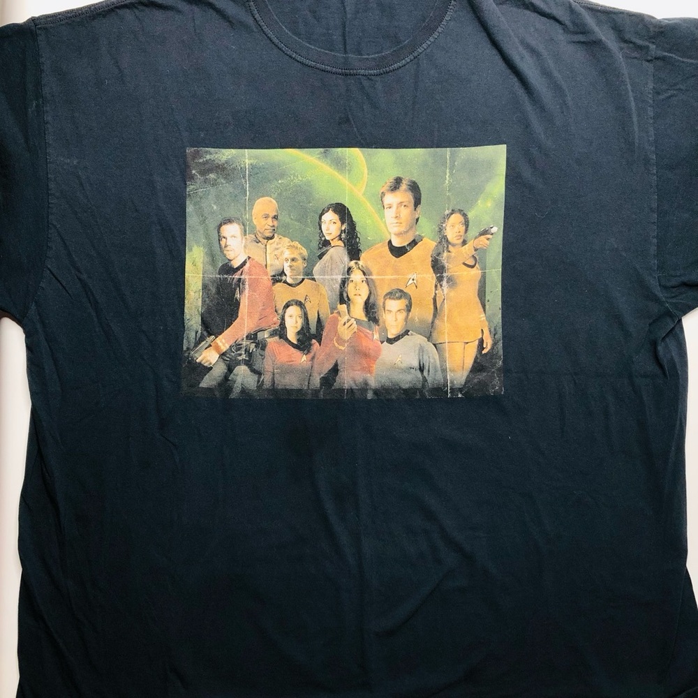 VTG 90s Star Trek Mens Crewneck Black TShirt Rectangle Graphic Photo Print 3XL